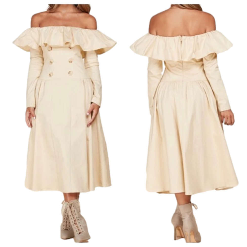 Cutely Covered Beige Long Sleeve Off Shoulder Midi Dress